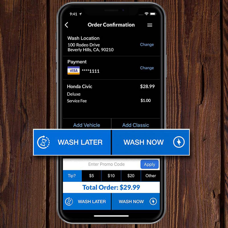 A smartphone on the order confirmation page of the MobileWash app.